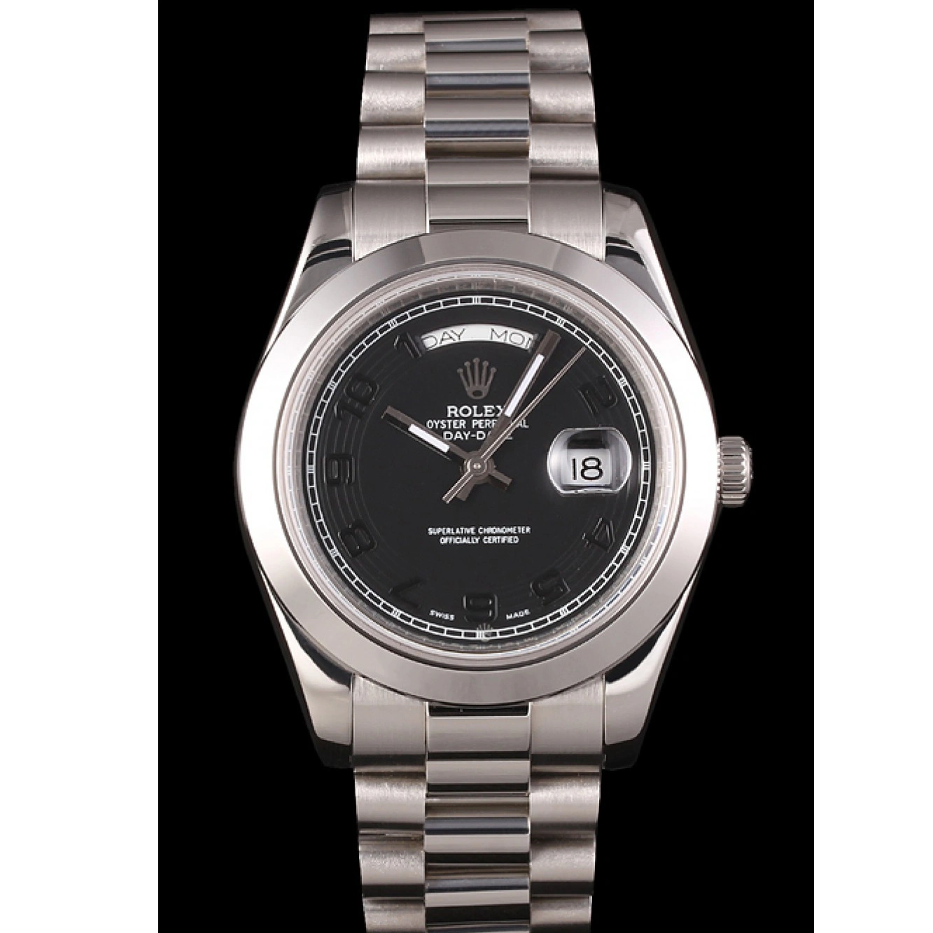 Good copy rolex watches Swiss Daydate Steel Dial Black 80294 Stainless Rolex Bracelet 1013